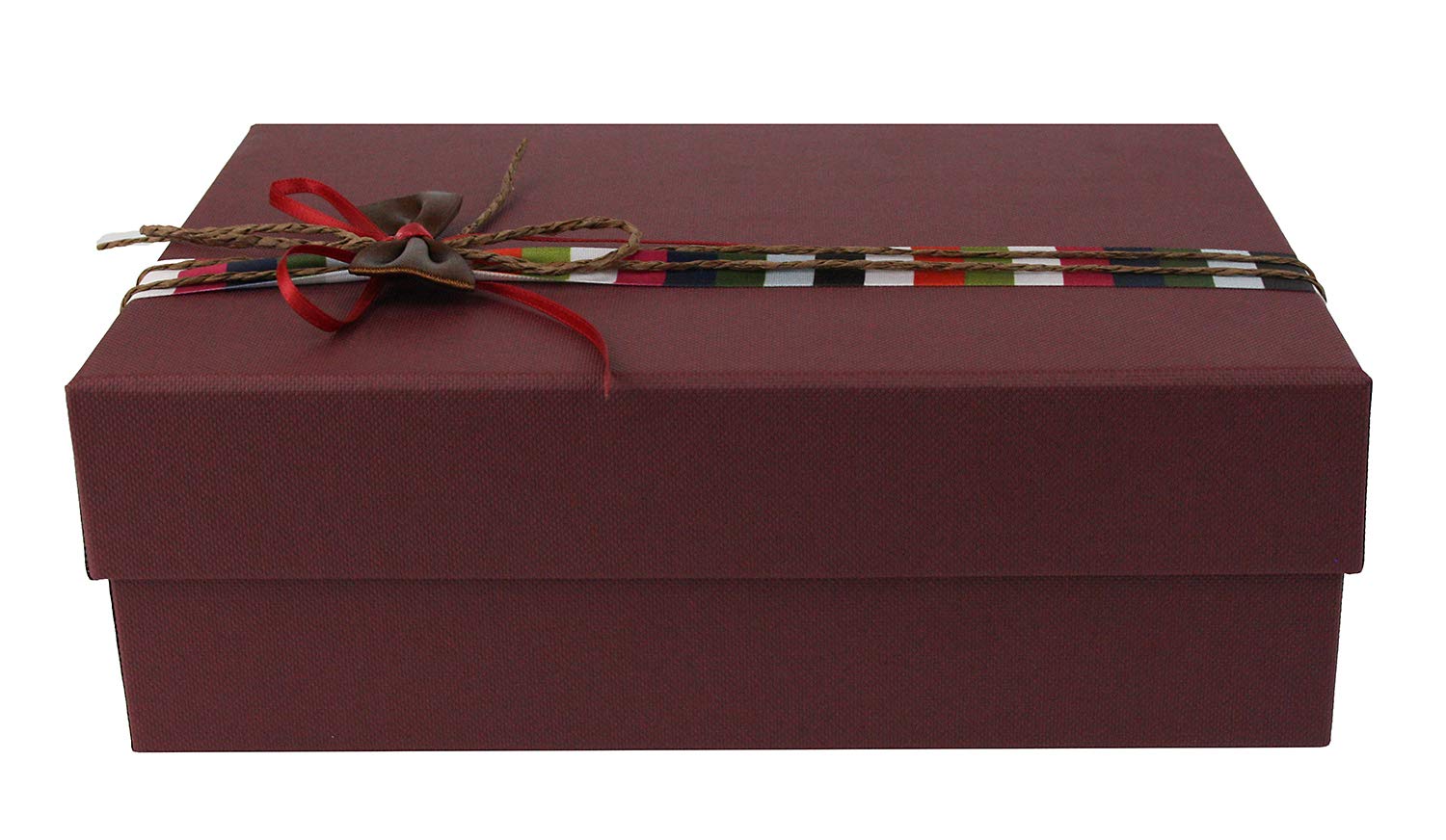 Emartbuy Rigid Luxury Rectangle Shaped Presentation Gift Box, 18.5 cm x 14.5 cm x 5 cm, Textured Burgundy Box with Lid, Printed Interior and Multicoloured Stripes Decorative Ribbon