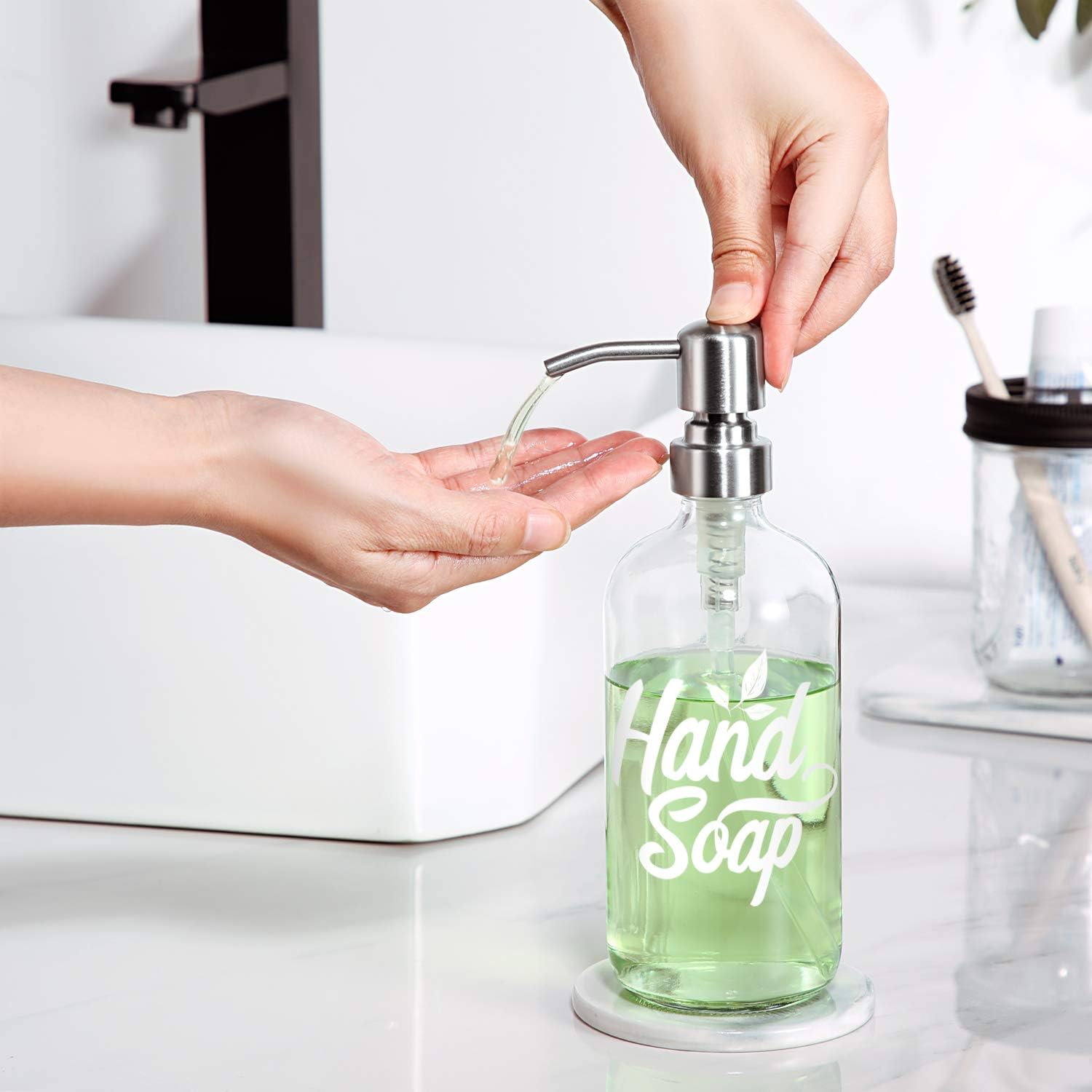 Dish and Hand Soap Dispenser Set - Glass Hand Soap + Dish Soap Dispenser for Kitchen, Bathroom - High Temperature Ceramic Ink Printing Never Falling Off - 16 oz Bottles with 304 Stainless Steel Pumps : Everything Else