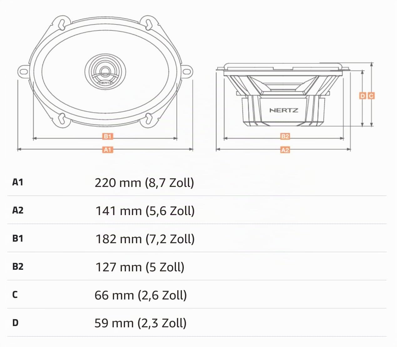 Hertz DCX 570 Paar 2-Wege-Koaxiallautsprecher 5x7, 120 W | wasserabweisendes Presspapier, PEI-Hochtöner 15 mm, 60 W RMS, 4 Ohm, 93 dB, 60-21000 Hz, Ferrit-Magnet, Einbautiefe 59 mm
