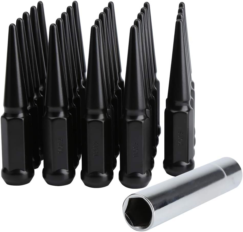 KSP 14mmx1.5 Hex Spike Lug Nuts, 24pcs Black Solid Metal Bullet Wheel Nuts 4.4" Tall with 1 High-Strength Socket Key for More 14x1.5 Vehicle Studs