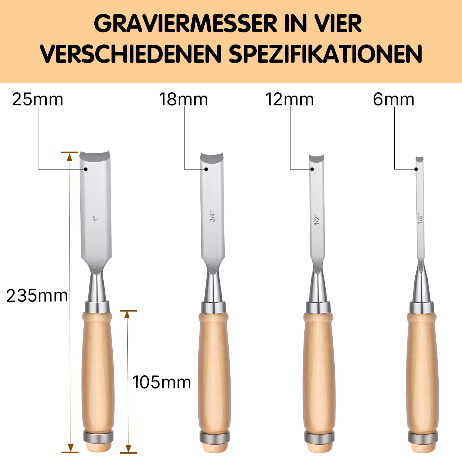 4 Stück Stechbeitel Set für Holz, CR-V Stahl Halbkreisförmige Kante Hohlbeitel Set 6mm/12mm/18mm/25mm für Anfänger und Profis, DIY Holzmeißel Bildhauerei Tool für Tischler, Carver