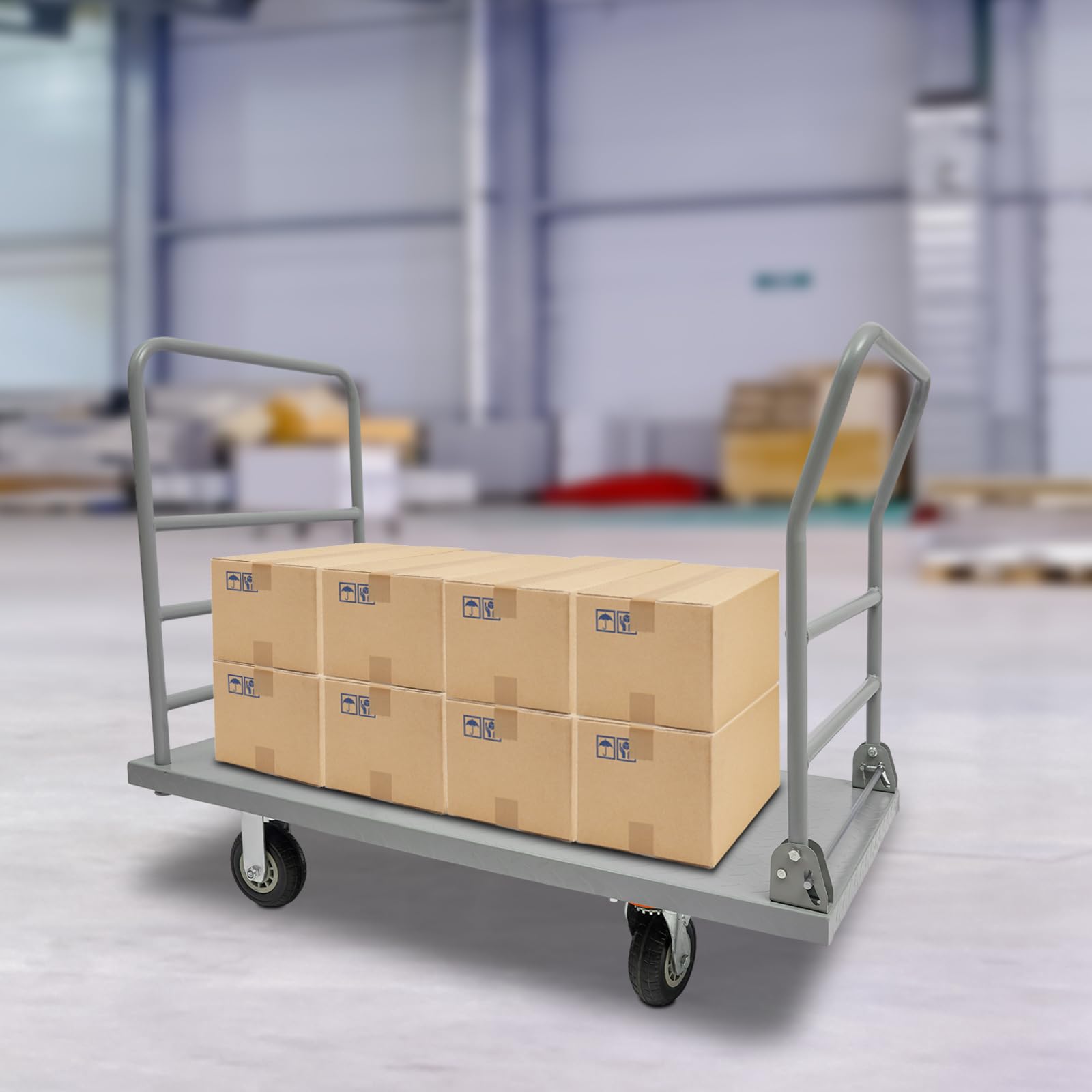 Steel Platform Truck Cart with Detachable Guardrail and Strap, 2 in1 Platform Truck Cart, 2000 lbs Load-Bearing Heavy Duty Push Cart with Swivel Casters, for Logistics Centers, Schools, Offices