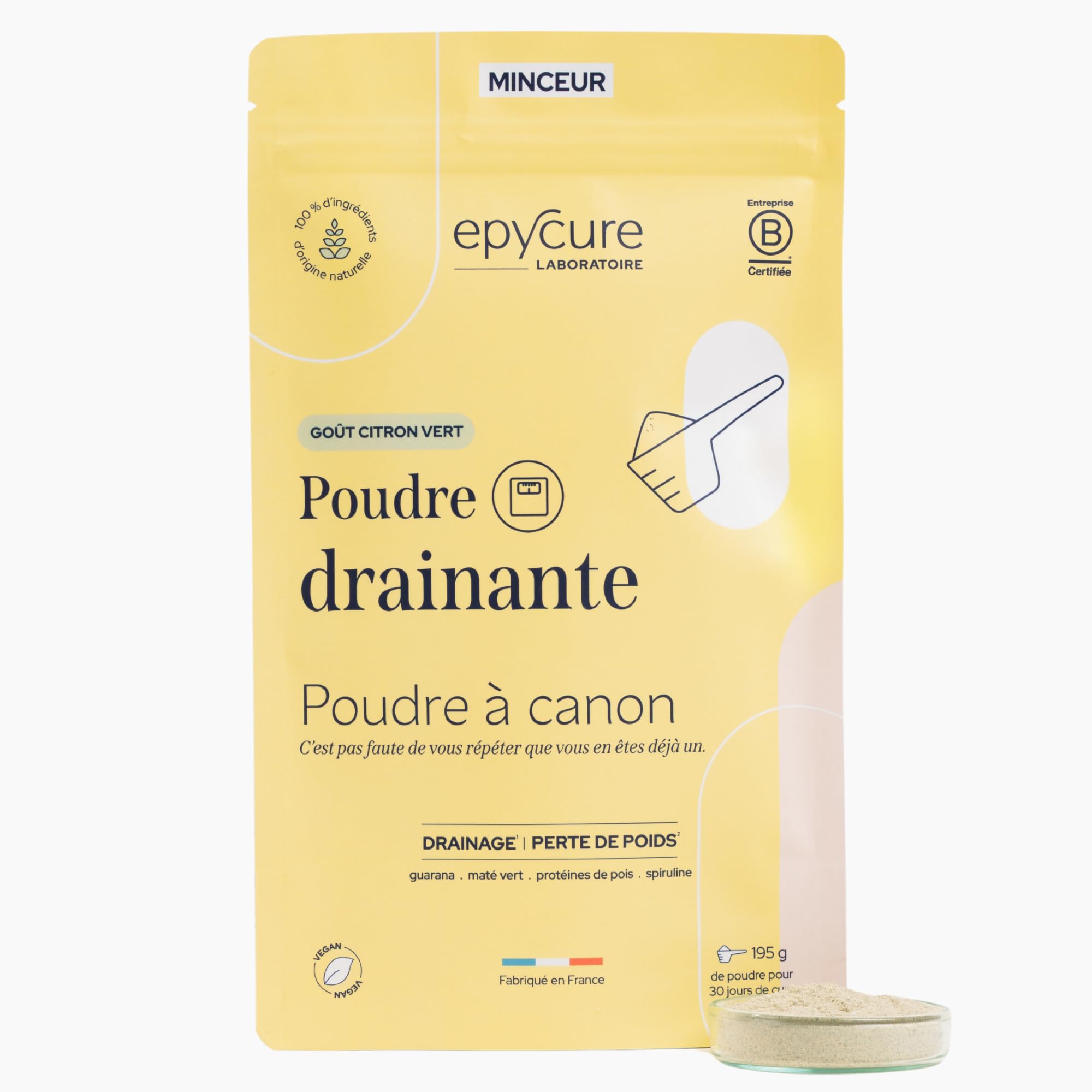 EPYCURE - Poudre Drainante - Détox, Contrôle du Poids, Coupe-Faim Naturel - 100% Naturel - Guarana, Maté Vert, Spiruline - 1 Mois - Sans Lactose, Sans Gluten - Fabriqué en France