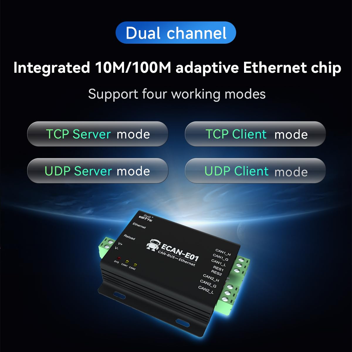 Prise en charge du convertisseur CAN vers Ethernet, peut répondre à 10 m/100 m d'adaptation du port réseau ECAN-E Series Standard CAN 2.0 DC 8-28 V de qualité industrielle (ECAN-E01-V2)