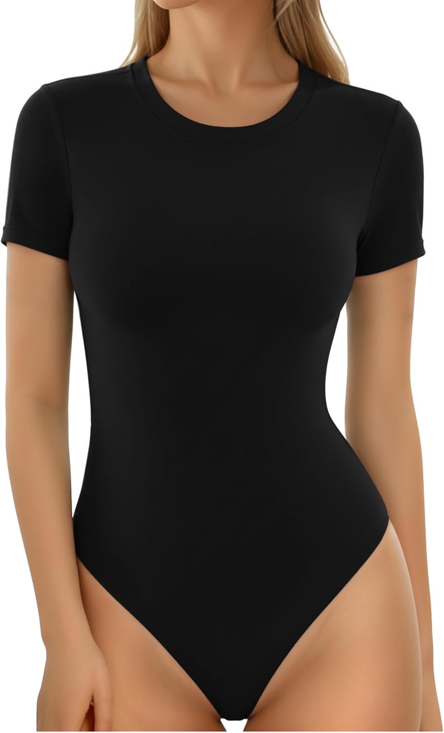 MANGOPOP Women's Crew Neck Short Sleeve Bodysuit Long Sleeve Body Suit T Shirts Basic Slim Fitted Tops