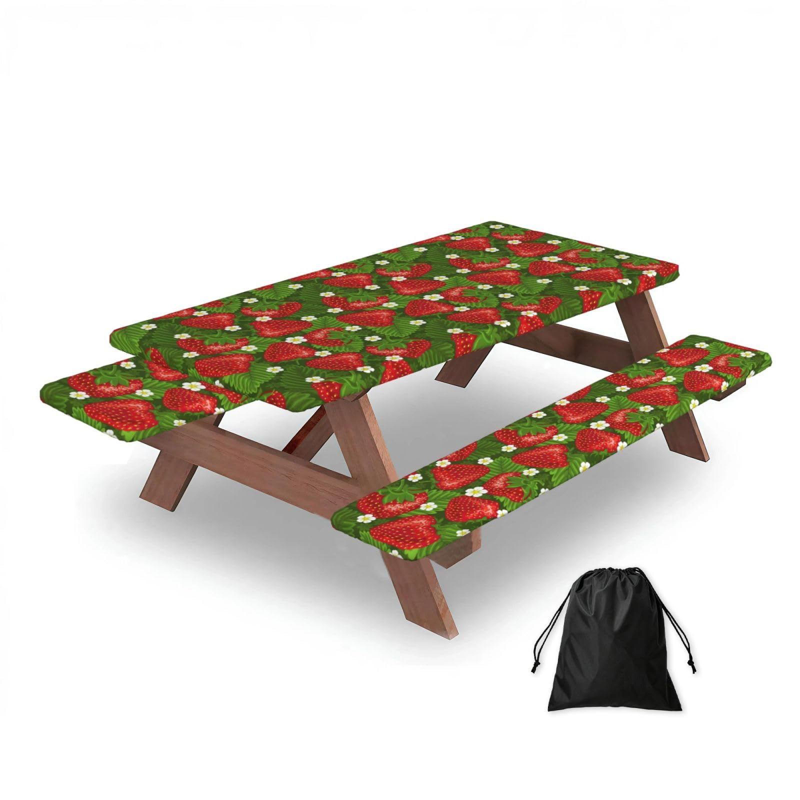Strawberry And Flower, Picnic Table Cover With Bench Covers -Waterproof Elastic Fitted Tablecloth for Garden Camping Patio 76x152cm