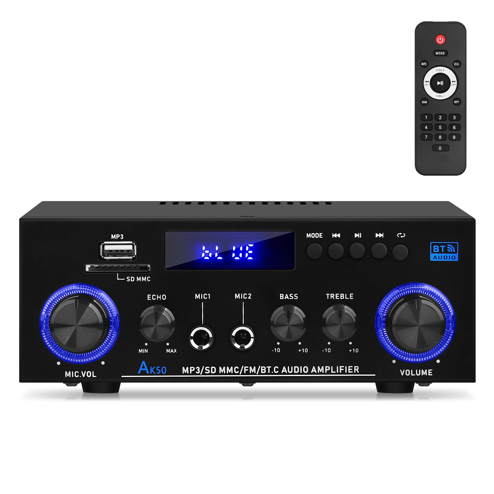AK50 Home Audio Amplifier, 400W 2 Channel Bluetooth 5.0 Receiver with Subwoofer Output, USB/SD/AUX/Mic Input, Echo Control, FM Radio, Remote Control for Home Theater