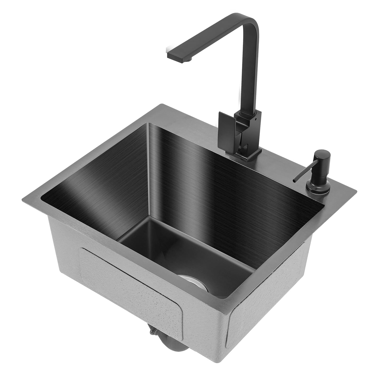 40X45Cm ÉVier Cuisine Evier Inox 1-Bac Avec Savon Egouttoir Panier D'éGouttage Robinet Rotatif Chaude Froide Mobilier Encastré Meubles Kit Encastrer Comptoir Montage Lavabo Moderne Gris noir