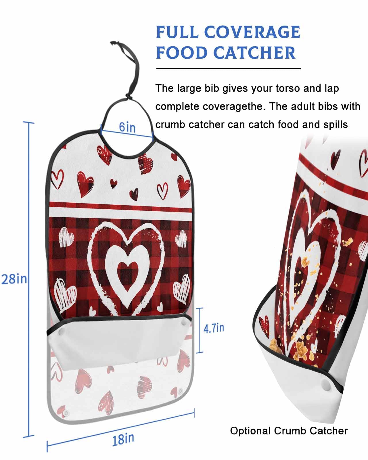 Onekaccu Valentine's Day Adult Bibs for Elderly Women Men Washable Bibs for Eating, Red White Buffalo Plaid Love Heart Waterproof Clothing Protectors Adult Bibs with Crumb Catcher