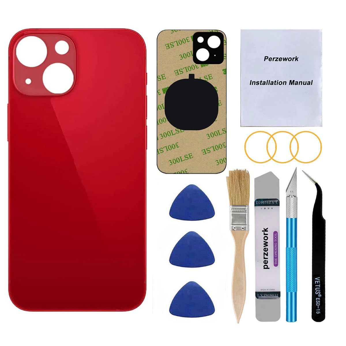 Perzework OEM Rear Back Glass Replacement (Red) Compatible with iPhone 13 6.1 inches All Carriers with Pre-Installed Adhesive and Repairing Tool Kits