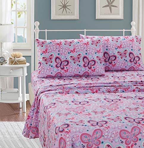 Better Home Style Pink Purple Lavender and Turquoise Blue Girls/Kids/Teens Sheet Set with Butterflies Flowers Floral with Pillowcases Flat and Fitted Sheets # Lavender Butterfly (Queen)