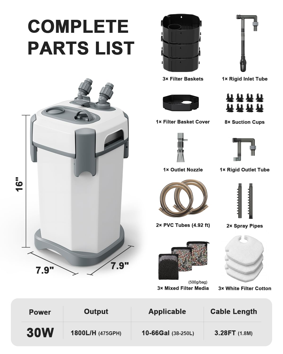 Bote de filtro externo ultra silencioso de 1800 l/h con caudal ajustable, filtro externo de múltiples funciones biológicas con esponja de filtro, carbón activado, bola biológica para agua dulce y