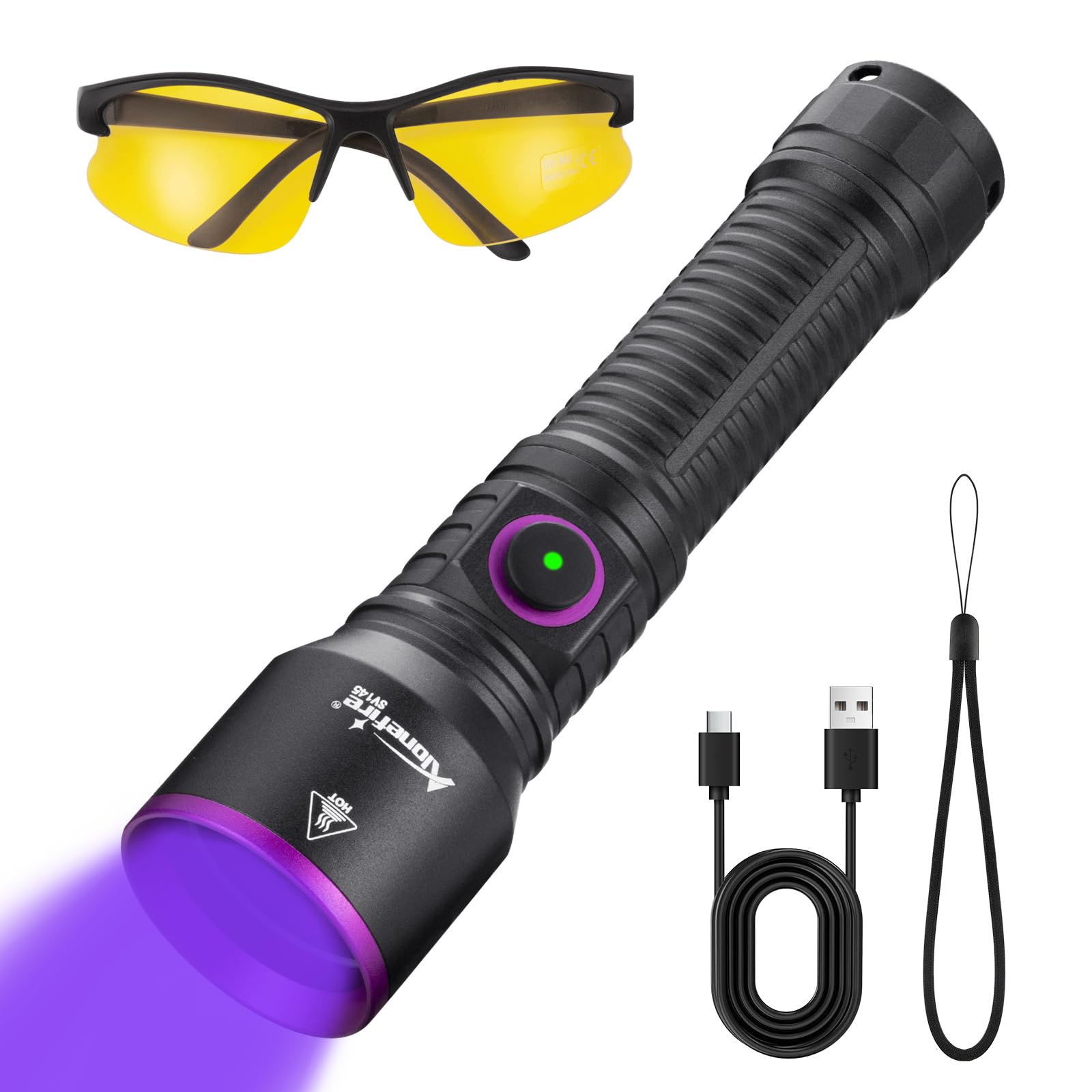 Alonefire SV145 365nm UV Taschenlampe USB-C Aufladbar mit Schwarzfilter | 5W Schwarzlicht mit Akku, Ladeanzeige & UV-Schutzbrille, Aluminium UV Lampe für Harz, Angeln, Skorpion, Bernstein, Mineralien