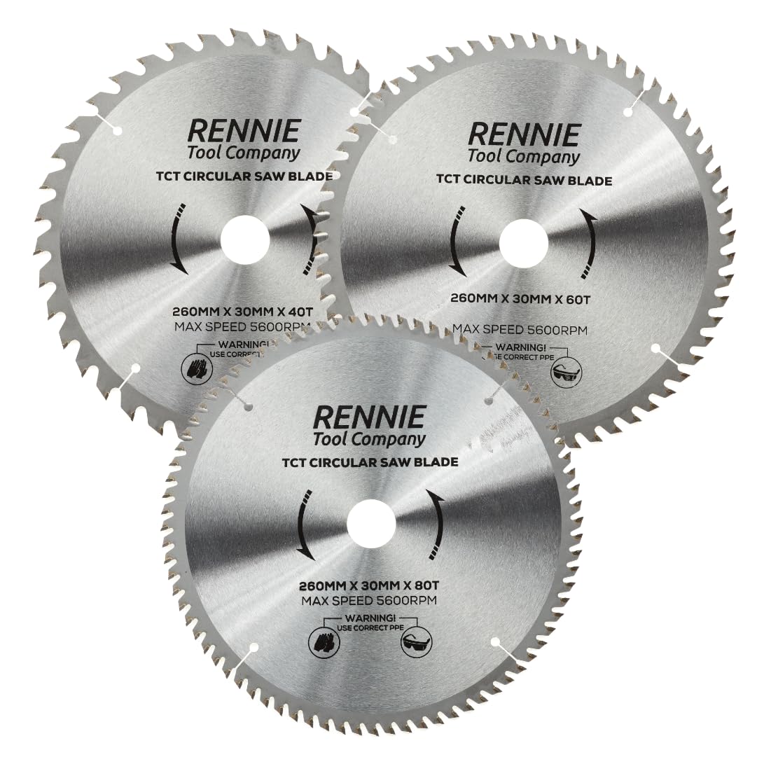 (PACK OF 3) 260mm x 30mm Bore x 40T 60T & 80T TCT Circular Wood Saw Blades Includes 25mm 20mm & 16mm Bore Reduction Rings. Compatible with Festool Bosch Makita Dewalt Circular Saw Etc.