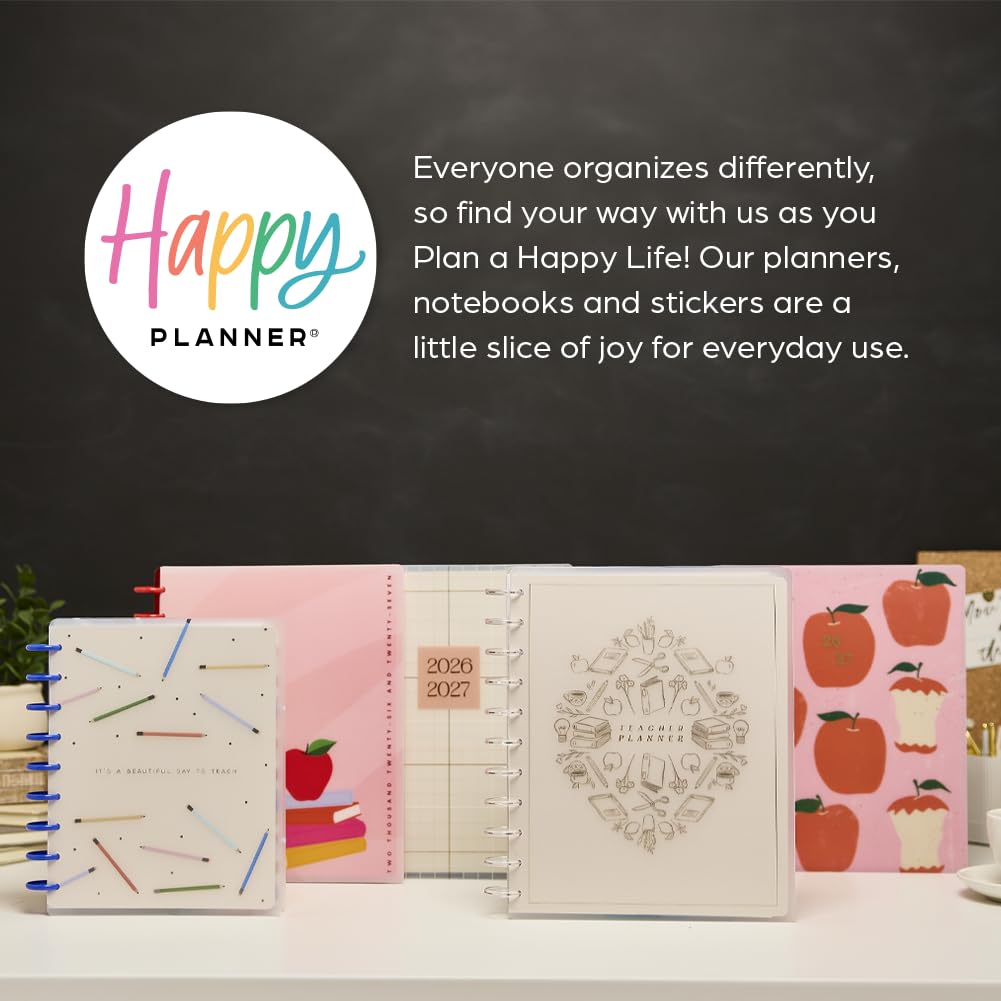 Happy Planner - Planificador encuadernado en disco de julio de 2026 a junio de 2027, tamaño grande | Incluye 3 meses adicionales y 2 hojas de calcomanías, 8.5 x 11 pulgadas, diseño para profesores, tema suave y moderno