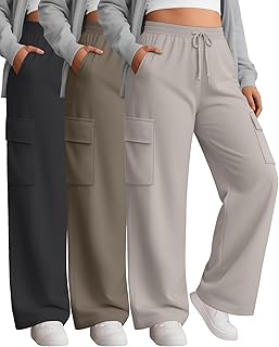 Paquete de 3 pantalones deportivos tipo cargo para mujer, talla grande, pierna ancha, con cordón, holgados, casuales, atléticos