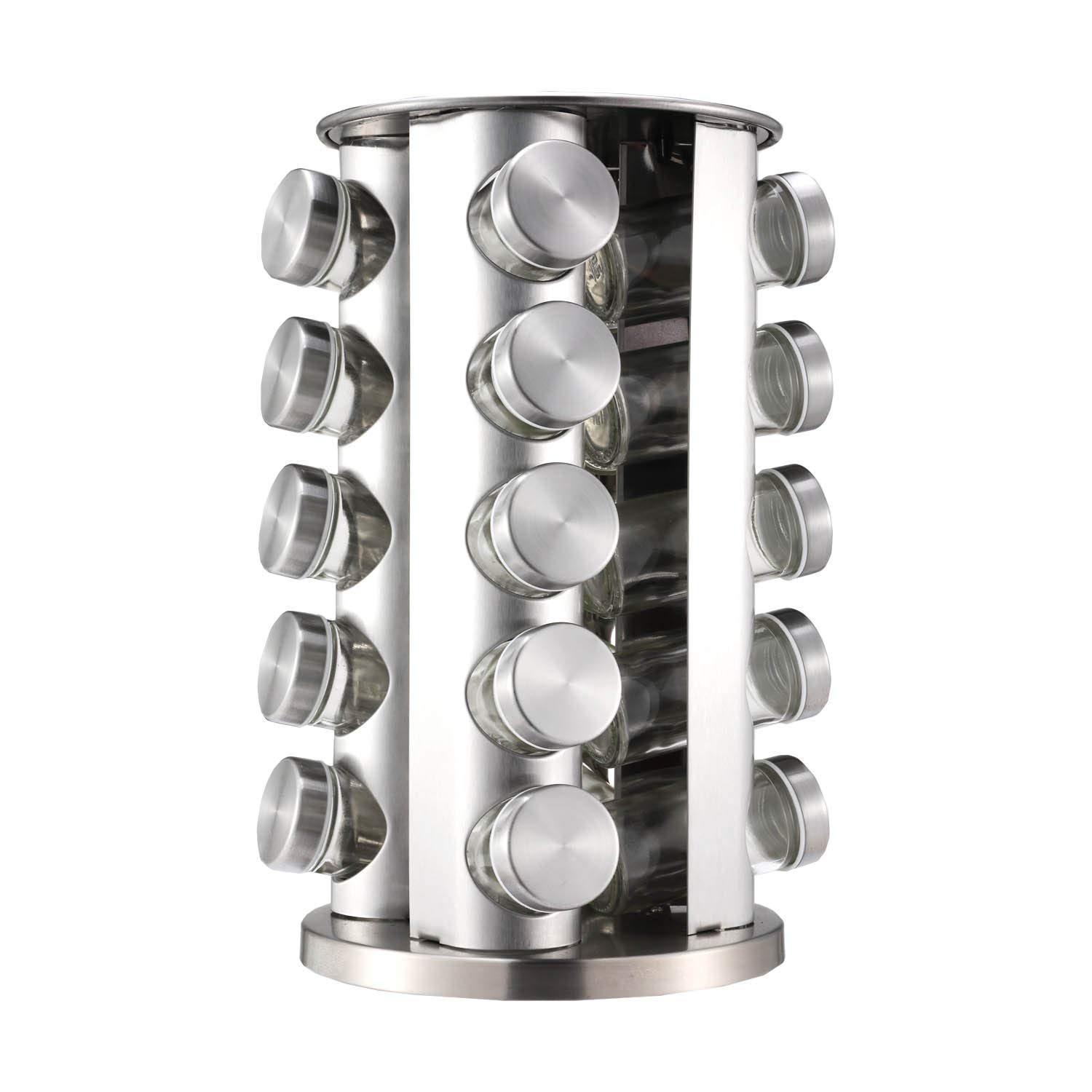 D&D20 Jars Spice Rack, Stainless Steel Round 360° Rotation Spice Organizer with 30 Lables, 1 Chalk Mark Pen