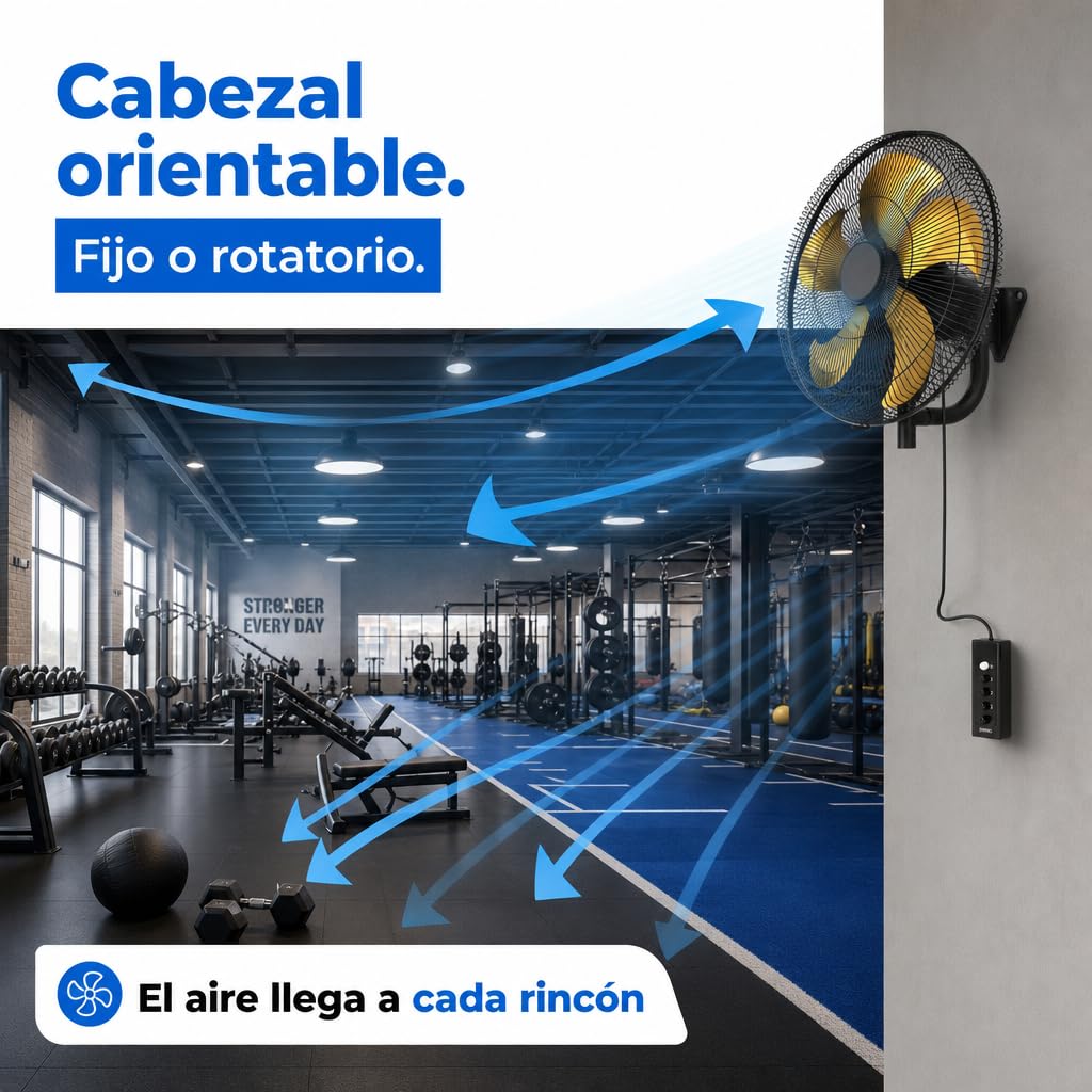 Ventilador de Pared Industrial 152 W, 5 Aspas, 3 Velocidades, Negro/Oro
