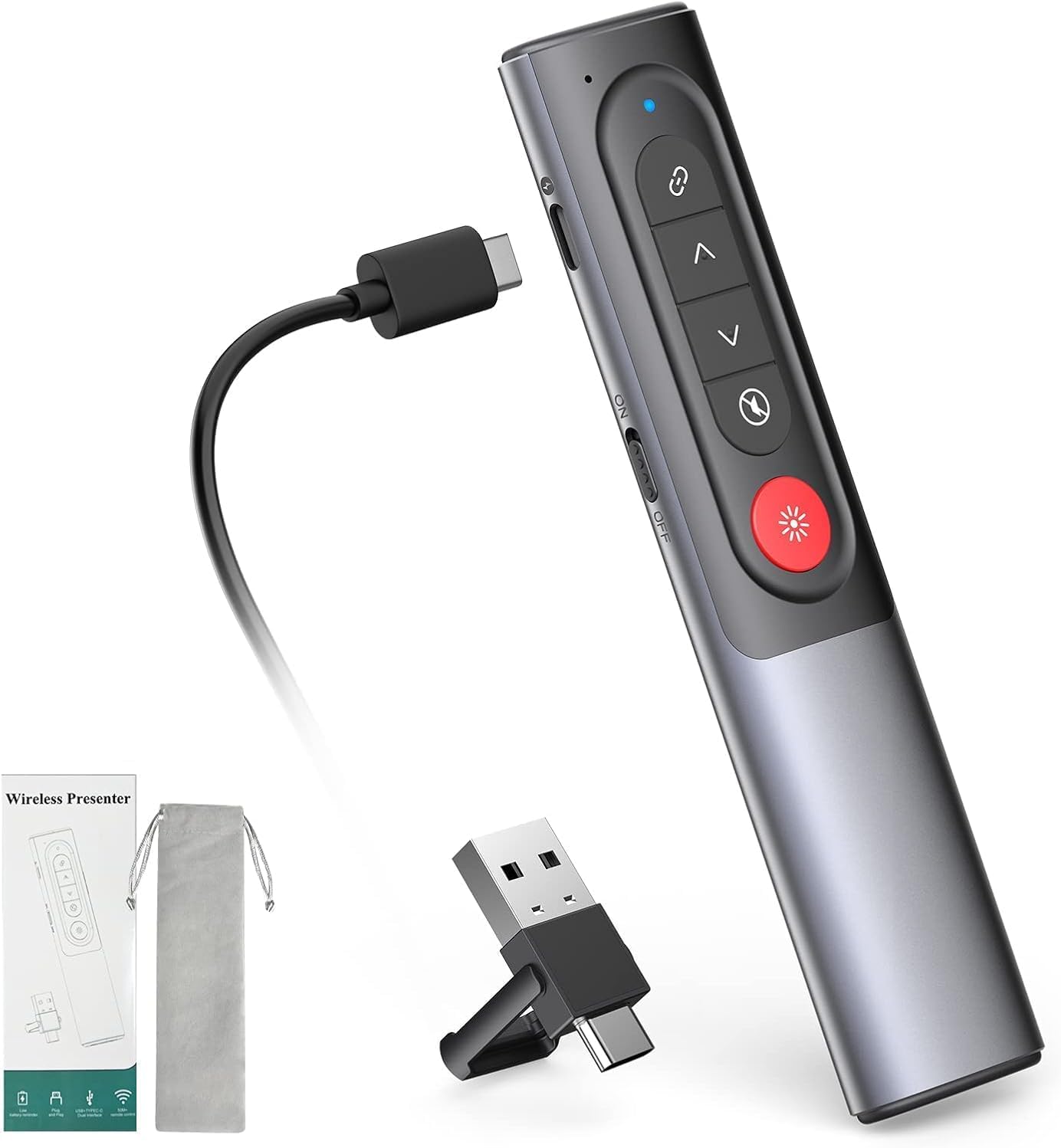 Telecommande Ordinateur Powerpoint, Pointeur Powerpoint du Présentateur avec Hyperlien et Bouton de Sourdine, pour Présentation, Enseignement, Bureau, Conférence,etc (Corps en Métal)