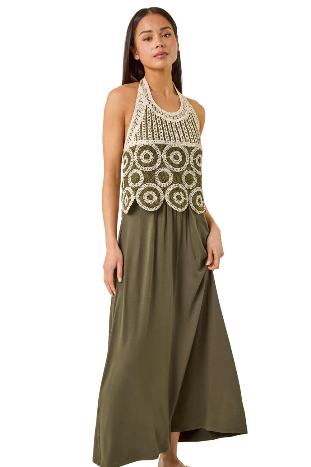 Roman Women's Khaki Petite Crochet Contrast Maxi Dress In | Size: 14