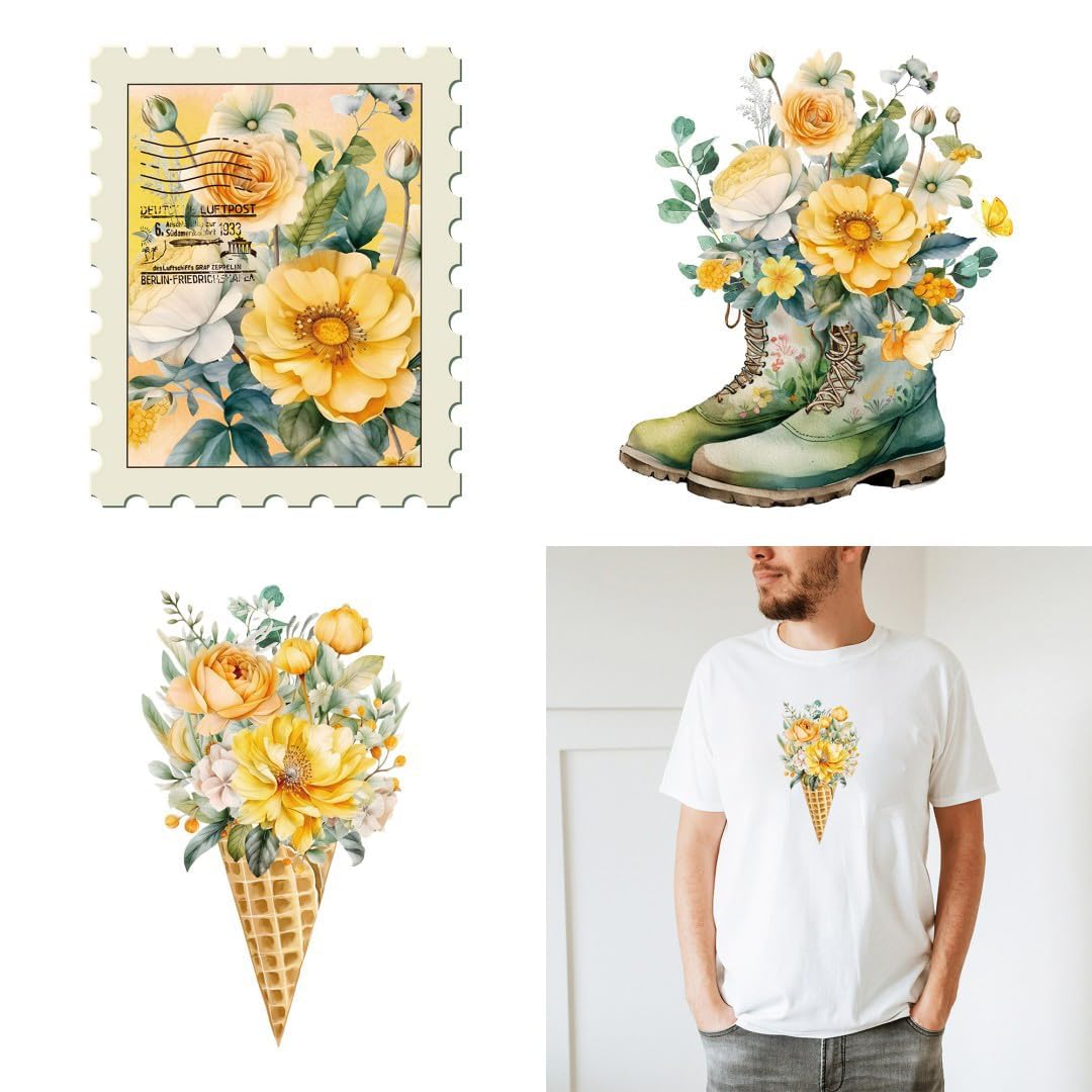 Watercolor Spring Floral Iron on Transfer Vinyl Cursive Heat Transfer Letters for T Shirts Clothing Stockings Printing DIY Crafts Decorations