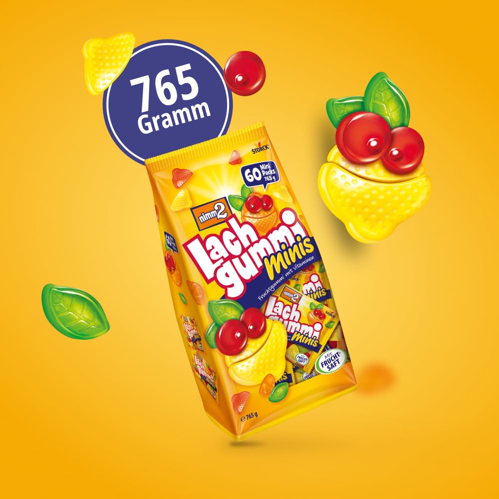 nimm2 Lachgummi Minis Beutel – 1 x 765 g (60 Mini Packs) – Fruchtgummi mit Fruchtsaft und Vitaminen – Einzeln verpacke Süßigkeiten-Tütchen - 2