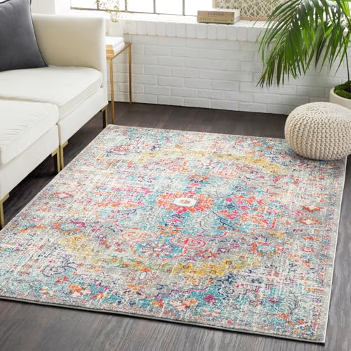 Surya Asmara Vintage Teppich groß - Teppich Wohnzimmer 200x274 cm, Esszimmer, Schlafzimmer - Orientalischer Teppich Boho Style - Carpet Living Room, Bunter Muster, Grau und Orange