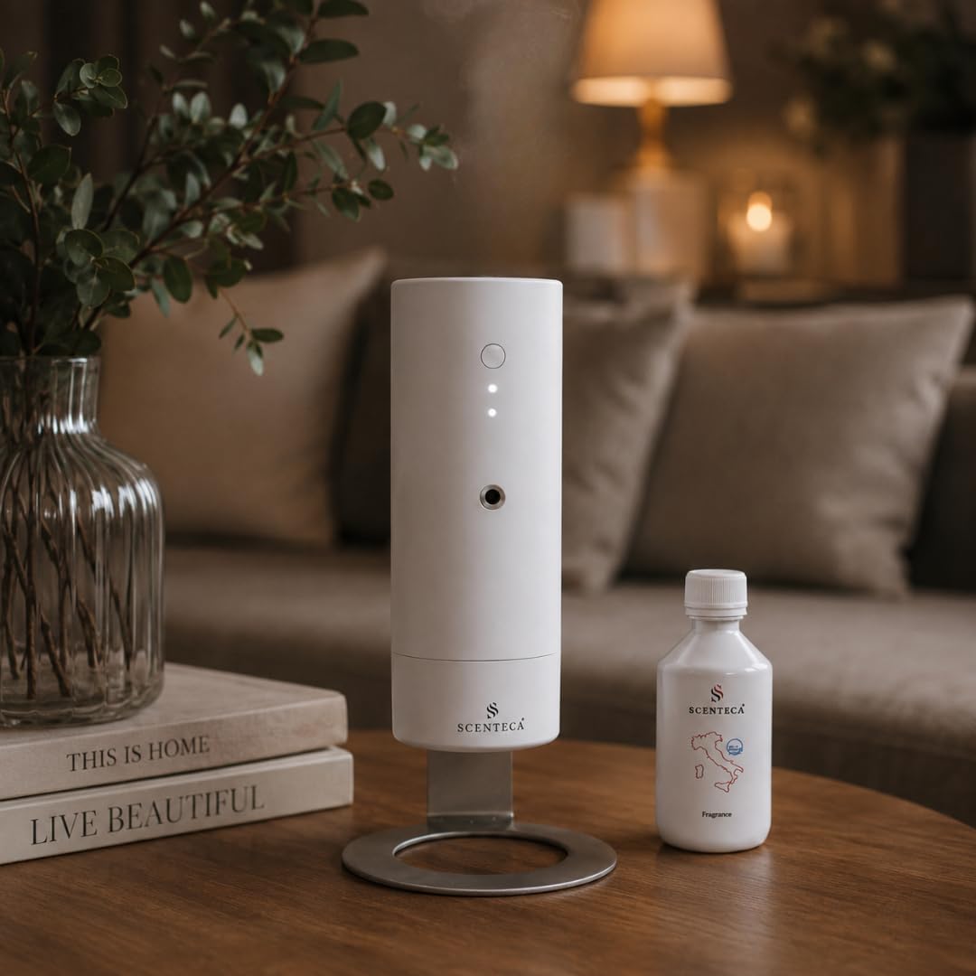 SCENTECA Diffusore elettrico Mod. AD-BC3, fragranza inclusa Tè Bianco e Fiori di Primavera, diffusore di oli essenziali a nebulizzazione senza acqua, ideale per casa e ufficio (50 ml)
