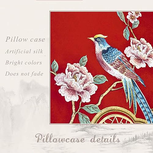 Miniatura 2 de Funda de almohada de satén sedoso de seda sintética bordada con patrón de escena de flores de pájaro estilo chino funda de cojín para sofá, color