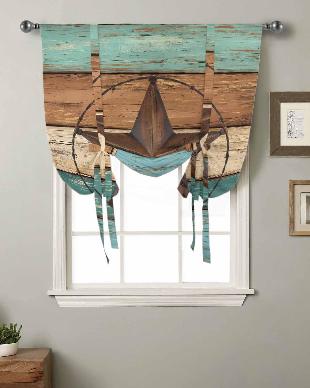Teal Brown Tie Up Curtains for Windows 45 Inch Length Balloon Curtains Kitchen Adjustable Balloon Window Shade Country Texas Star Farmhouse Barn Door Wood Tie Up Bathroom Curtain Window 52