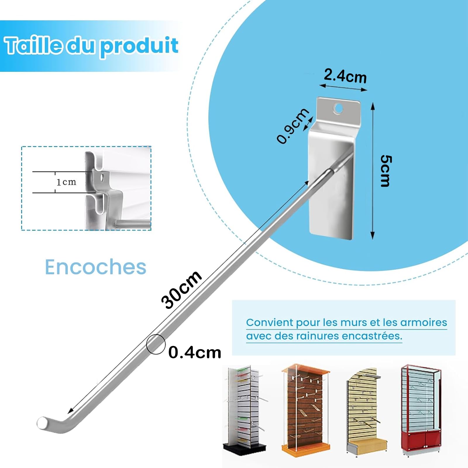 uyoyous 100Pièces Crochet de Panneau Mural, 30cm Crochets pour Panneaux Rainurés en Acier Inoxydable, Résistance 2 kg, Kit Crochet, Crochets Muraux pour Garages, Remises à Outils, Ateliers
