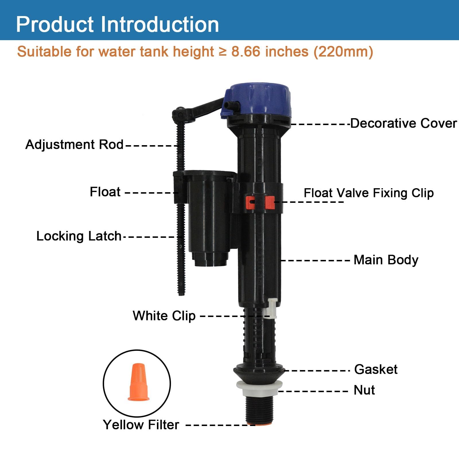 Mendorio Bottom Entry Toilet Fill Valve, G1/2 Universal Cistern Inlet Valve, Adjustable Height and Float - Image 2