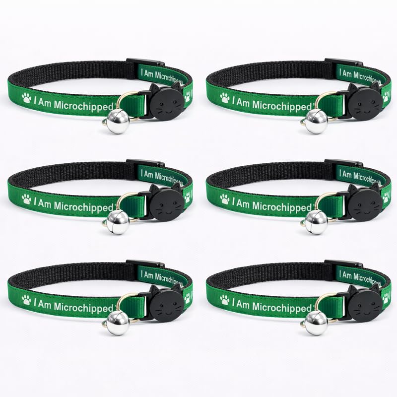 Worded Cat Collars – Please Do Not Feed Me, I Am Microchipped | Safe Quick Release Breakaway Buckle | Zacal Cat Collars (Pack of 6, Green, I Am Microchipped)