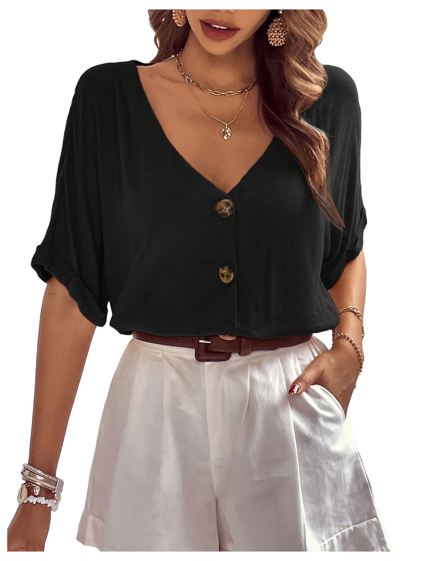 OYOANGLE Womens Button Up Blouse Dolman Sleeve Shirt Deep V Neck Cardigan Vacation Outfits