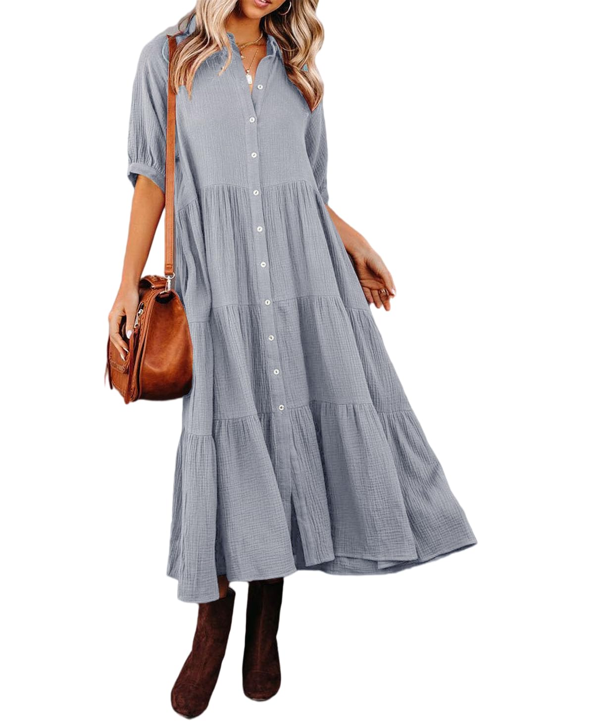 R.Vivimos Vestito Estivo Casual Mezza Manica Bohémien Donna Elegante Chic Abito da Camicia Midi a Pieghe con Scollo a V