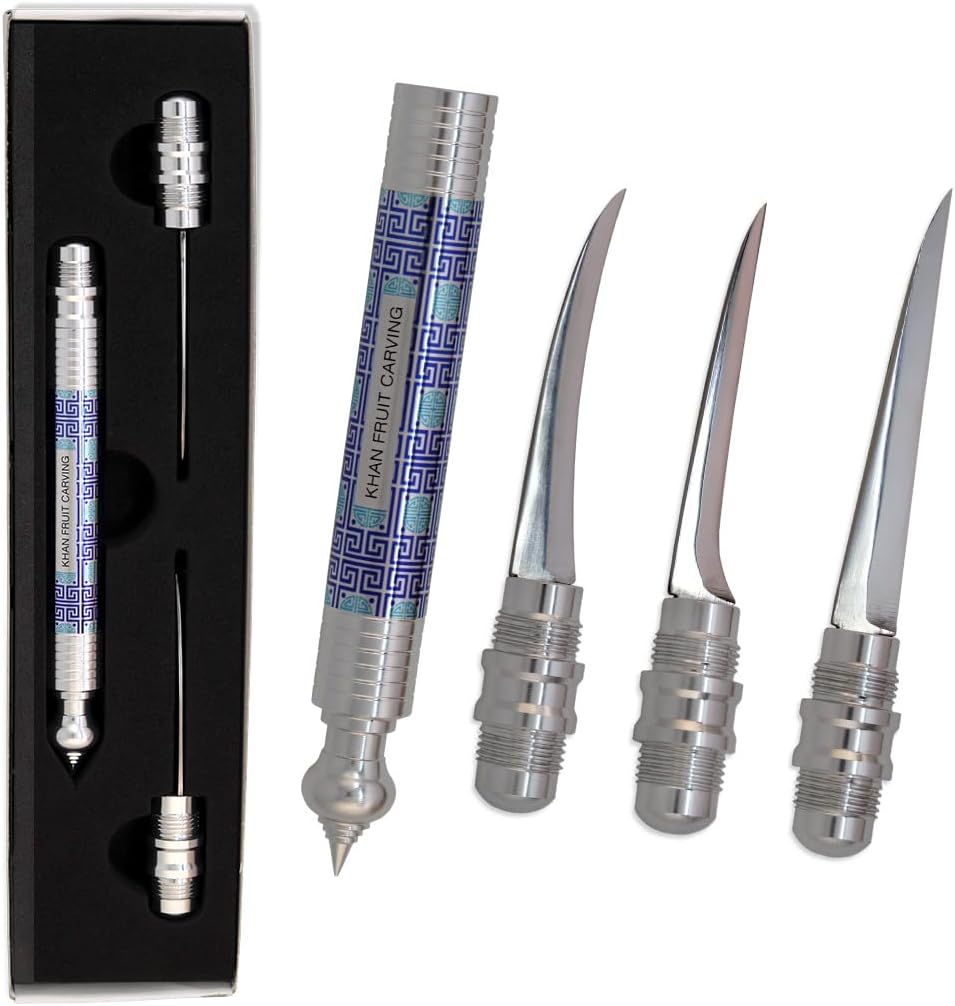 Thai Style Fruit And Vegetable Carving Knife With 3 Stainless Steel Blade Blue And Silver