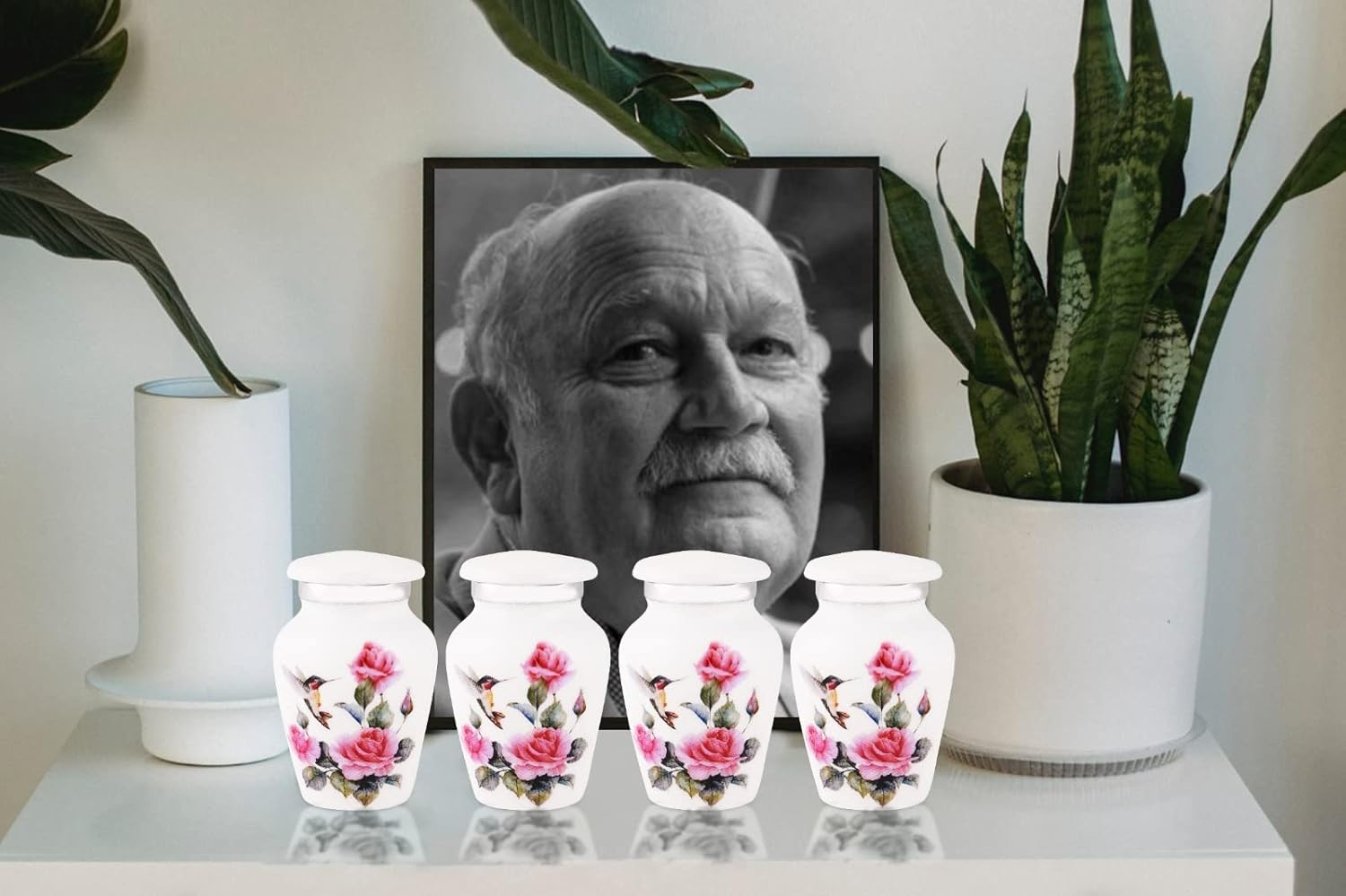 BOLD & DIVINE Hummingbird Printed White Keepsake Urns | Small | Mini Urns Set of 4 | for Human or Pet Ashes