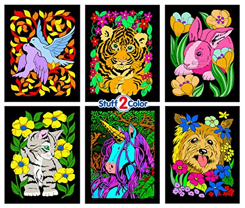 Stuff2Color Dove, Bunny, Kitten, Puppy, Unicorn, Tiger Cub - Six Fuzzy Velvet Coloring Posters (For Kids, Toddlers, Adults, and Teens) - All Ages Arts Crafts Coloring Activity