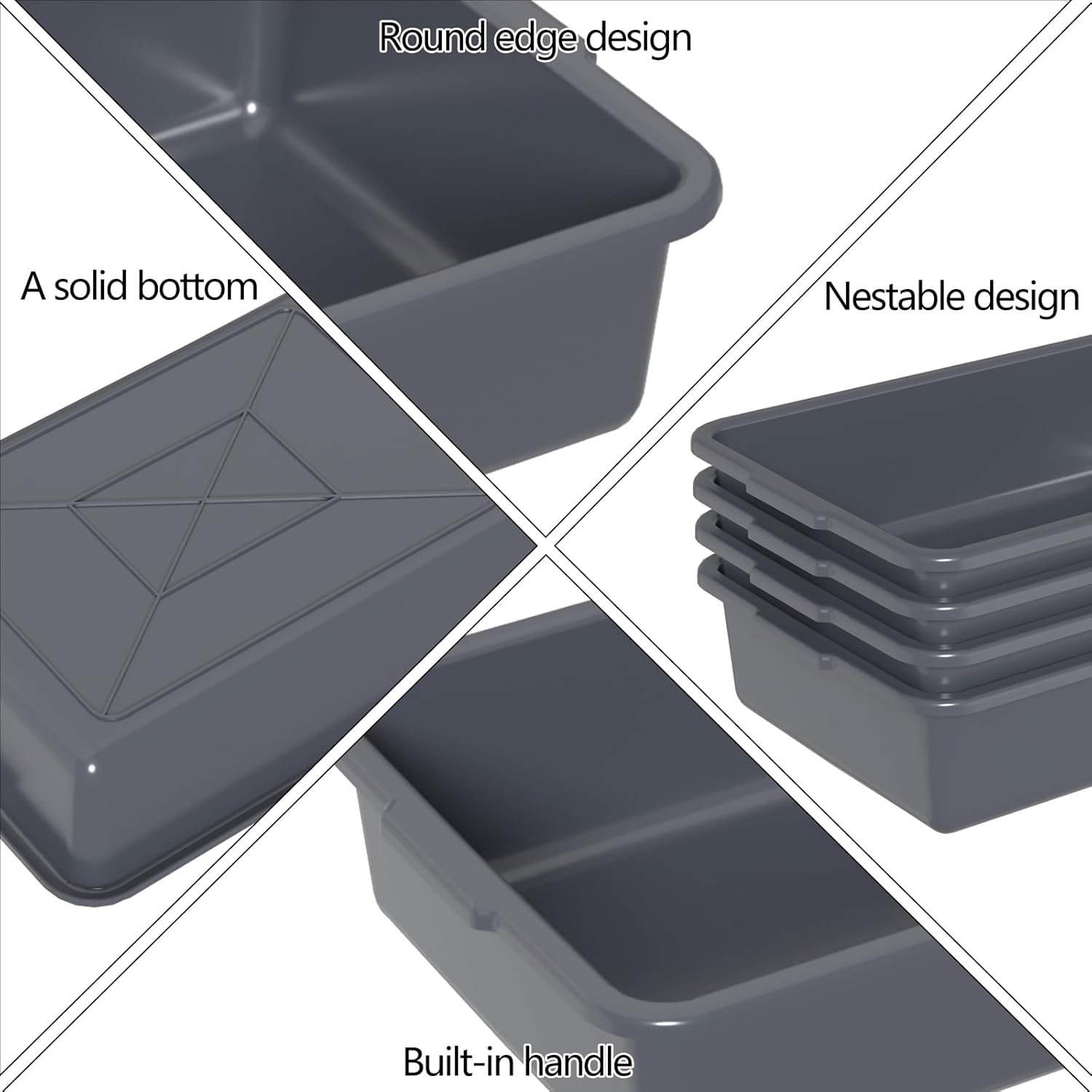 13 L Plastic Commercial Bus Tubs, Restaurant Bus Tub Tote Box, 4 Packs, Gray