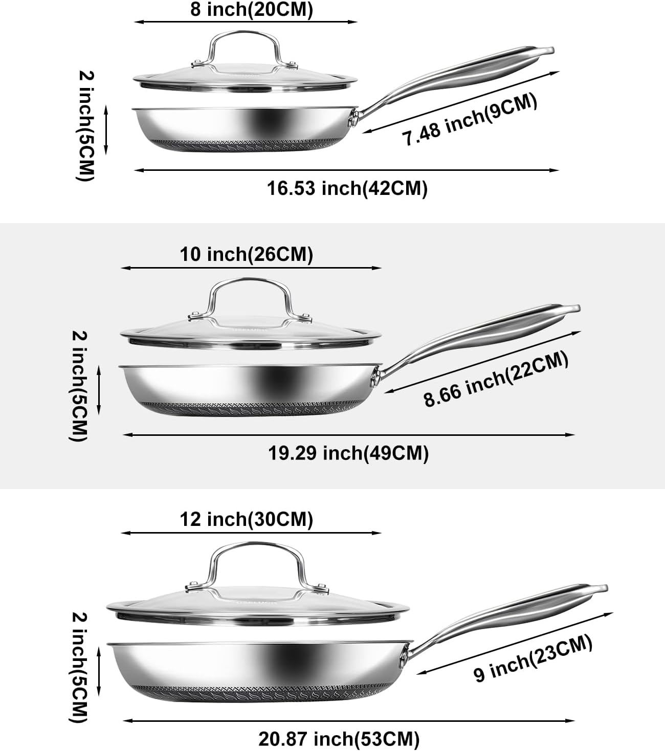 Nonstick Frying Pans with Lid,8/10/12 inch Stainless Steel Skillet Set with Honeycomb Surface, Induction Compatible, Oven & Dishwasher Safe, PFAS-Free Cookware Sets (Frying Pan 6PCS) - Image 2