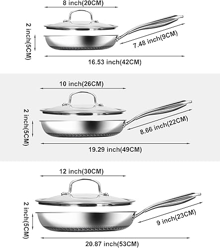 Miniatura 2 de Sartenes antiadherentes con tapa, juego de sartenes de acero inoxidable de 8/10/12 pulgadas con superficie de panal, compatible con inducción, apto