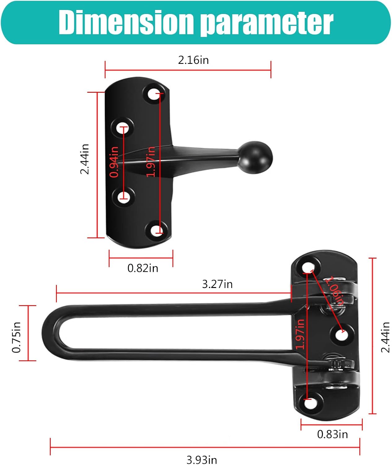 2 Pack Swing Bar Lock Swing Bar Door Lock Front Door Locks for Kids Home Security Door Guard Door Reinforcement Lock Latch for Swing-in Doors, Hotel Door Latches, Black