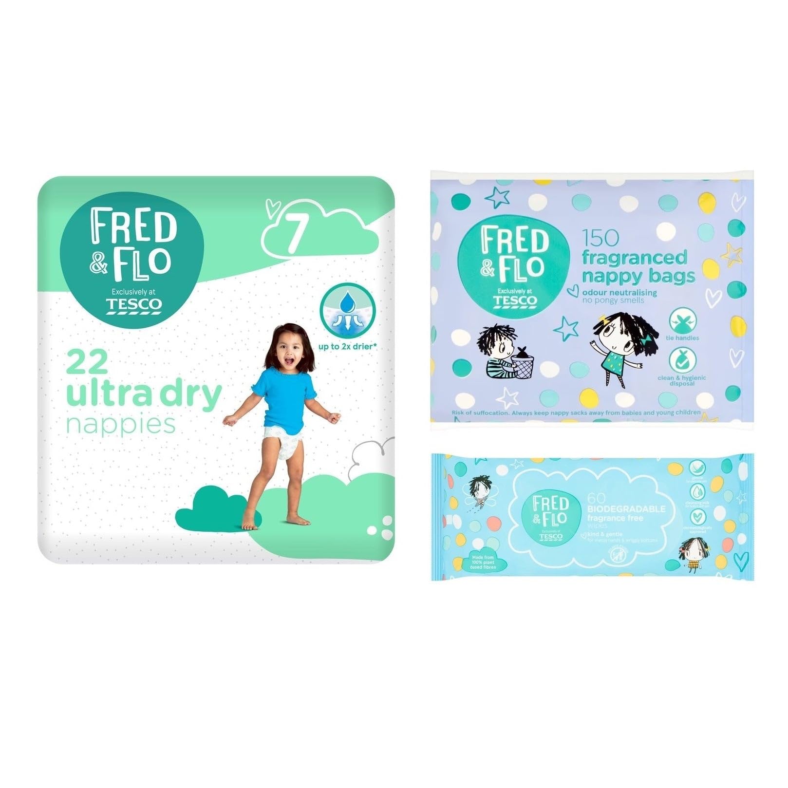 Fred & Flo Size 7 Nappies 22 Pack Bundle with Nappy Bags & Fragrance Free Wipes