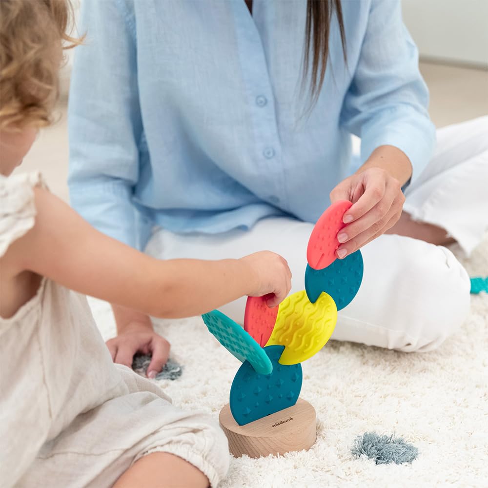 Miniland Feel to Learn Sensory Cactus. Sensory Toy with 8 Flexible Pieces and one Wooden Base. Teething and Stacking for Children from +6 Months