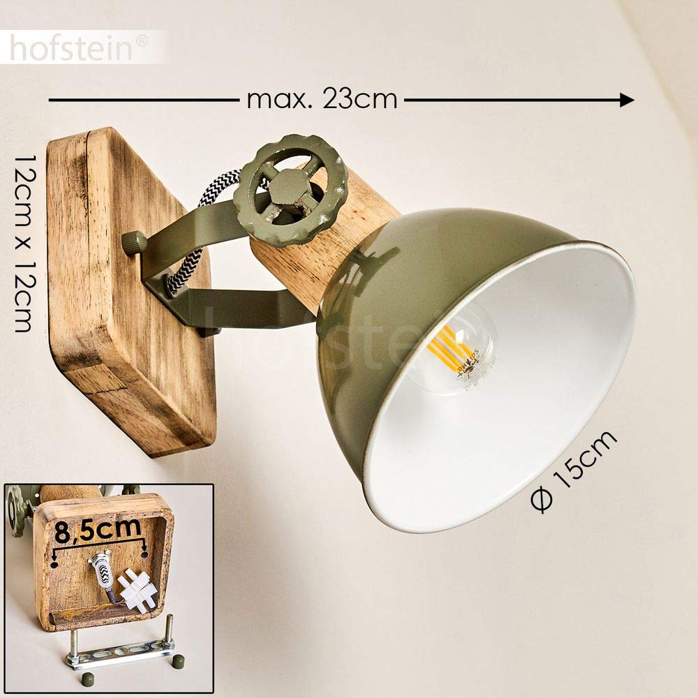 Lampada da parete Orny, lampada da parete regolabile in metallo/legno in verde/bianco/marrone, 1 luce, 1 attacco E27, spot da parete in design retro/vintage, senza lampadina/e