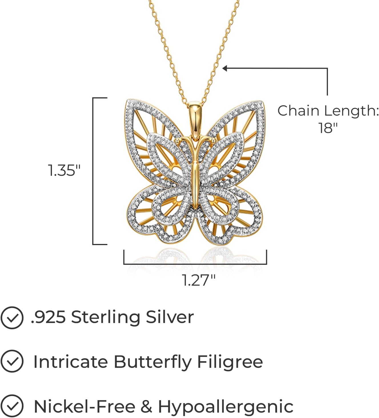 MORGAN & PAIGE .925 Sterling Silver 18K Gold Plated Butterfly Necklace with Diamond Accent - Elegant Filigree Gold Necklace for Women Diamond Pendant Butterfly Gifts for Women, 18 inch - Image 3