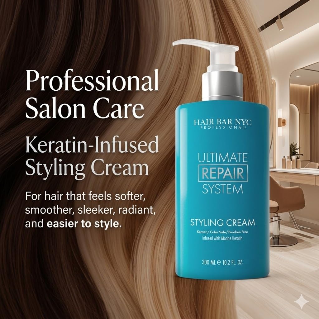 Hair Bar NYC Ultimate Hair Repair System Universal Styling Cream - For Smoothing & Conditioning, Light & Defining Unisex Hair Cream Infused with Marine Keratin & Biotin 10.2oz 300ml