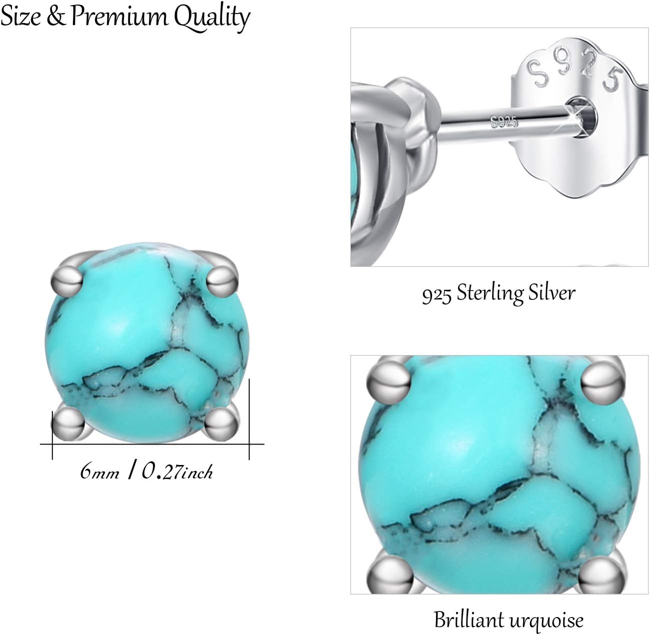 Turquoise Studs Earrings, 925 Sterling Silver 4mm/6mm Round Shape Tiny Studs, Turquoise Jewelry Present for Women Girlfriend - Image 2