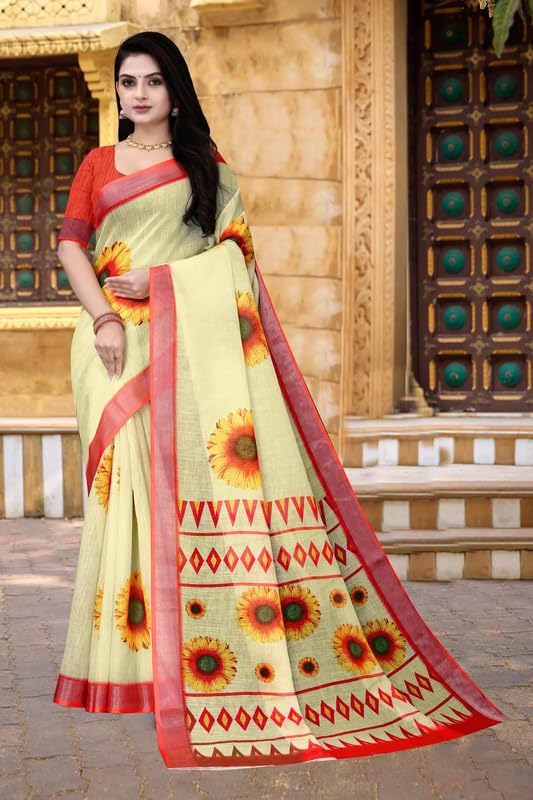 Elegant Digital Printed Cotton Linen Saree for Women | Comfortable Everyday look||DF-66-image-17