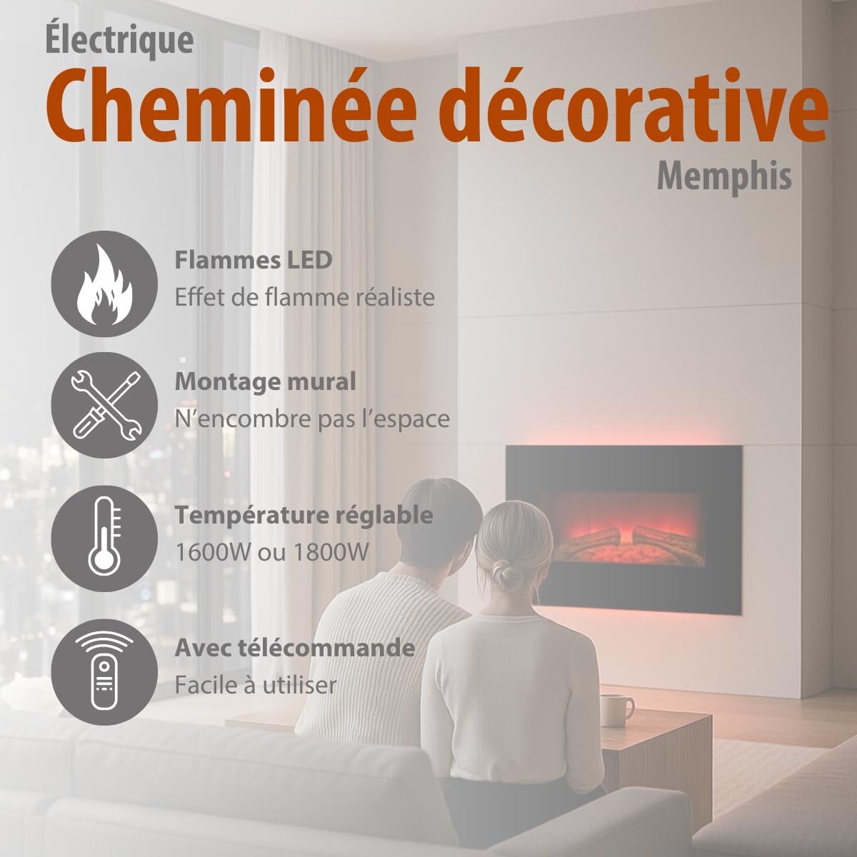 Cheminée Électrique Memphis – Cheminée Décorative Murale 1800W avec Chauffage et Effet Flamme LED – Poêle Électrique avec Télécommande, Minuterie et Protection Surchauffe – Noir